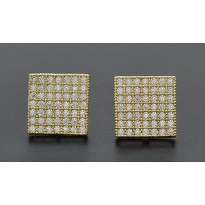 Real 10K Solid Yellow Gold 10.5mm Square Pavé CZ Stud Earrings 2.8gr Men-Women